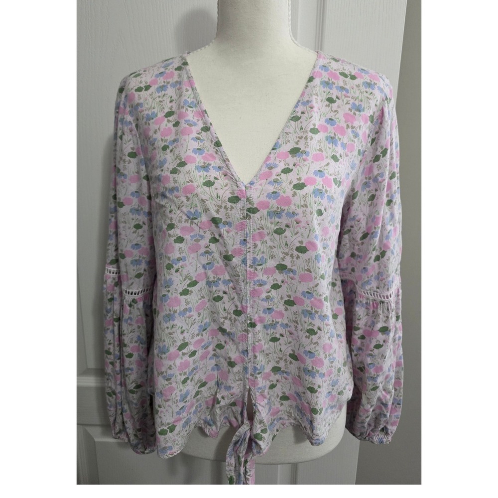 LC Lauren Conrad‎ Top Women M Floral Tie Front Long Balloon Sleeve Dainty Beach